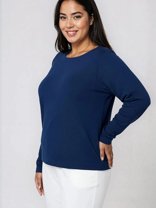 Women's Long Sleeve Blouse with Smile Neckline Blue