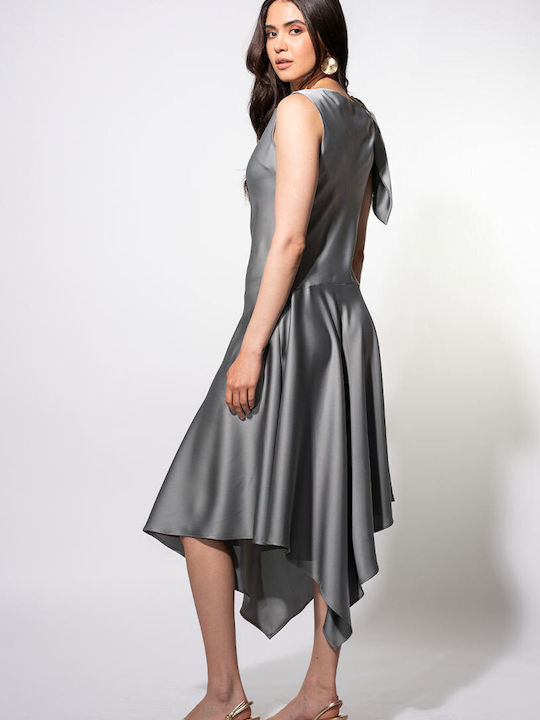 Elania Sommer Midi Abendkleid Satin Drapierung Grau