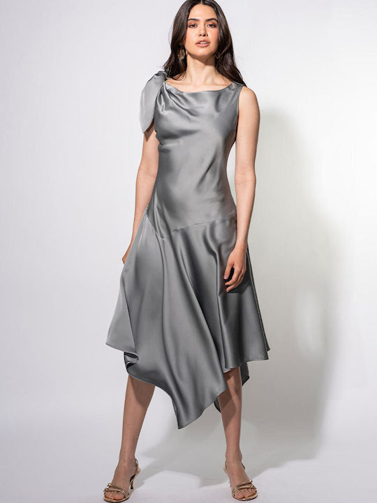 Elania Sommer Midi Abendkleid Satin Drapierung Grau