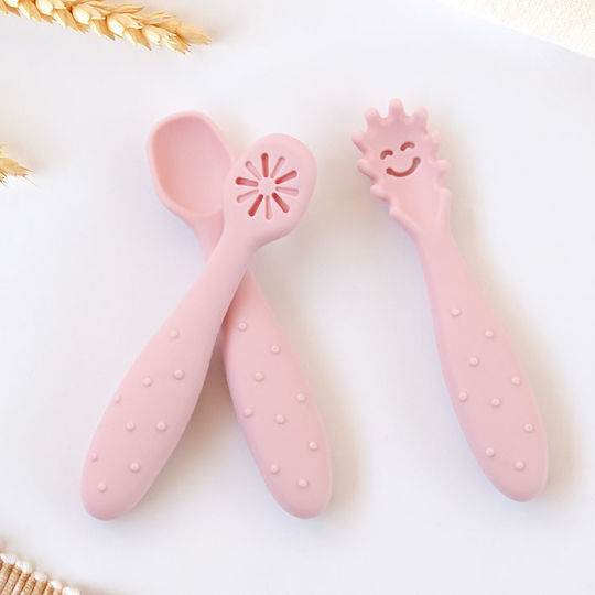 Kiokids Baby Set with Fork Made of Silicone for 6+ Months Pink 3 Pieces