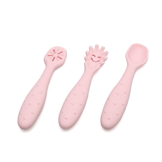 Kiokids Baby Set with Fork Made of Silicone for 6+ Months Pink 3 Pieces