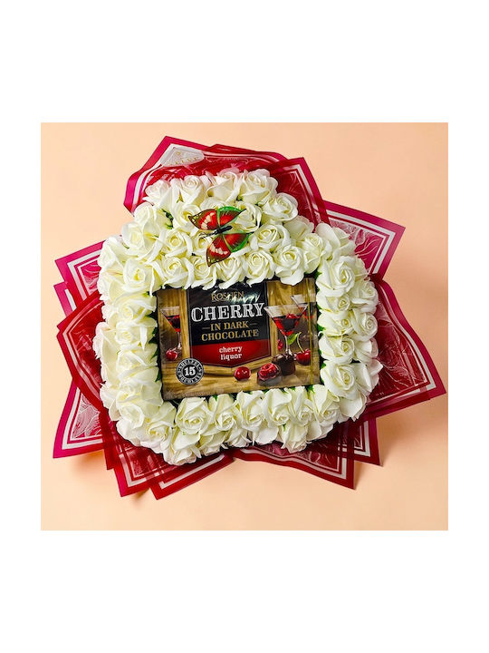 Premium Heart White Bouquet In Heart Shape 61 Soap Roses Cherry Candies In Dark Chocolate 50 Cm Premium Heart White Bouquet In Heart Shape 61 Soap Roses Cherry Candies In Dark Chocolate 50 Cm