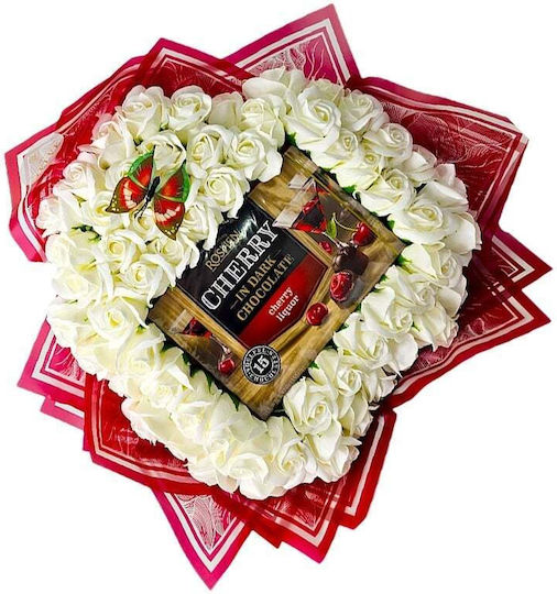 Premium Heart White Bouquet In Heart Shape 61 Soap Roses Cherry Candies In Dark Chocolate 50 Cm