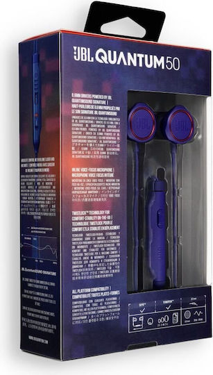 JBL Quantum 50 In Ear Cască Gaming cu Conectare 3,5 mm Albastră
