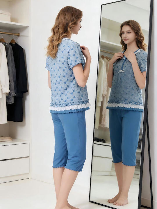 Goodnight Sommerliches Damen-Pyjama-Set Baumwolle Blau
