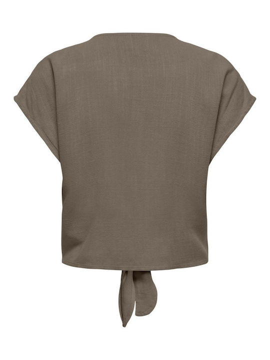 Only Short Sleeve Women's Linen Shirt Brown