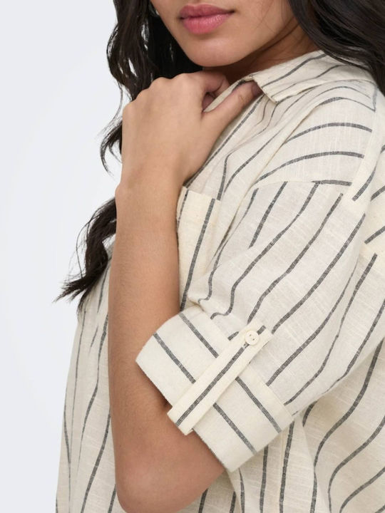 Short Sleeve Women's Shirt Off White/Blk Str Striped