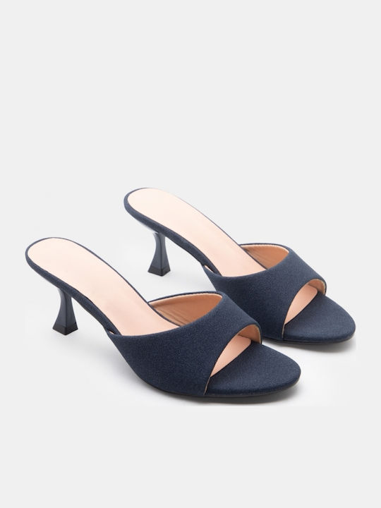 Suede Mules With Low Heel In Navy Blue Colour