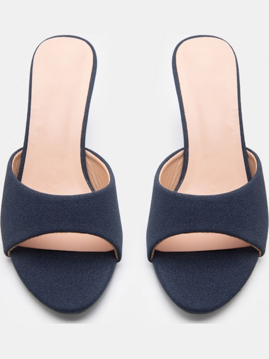 Suede Mules With Low Heel In Navy Blue Colour