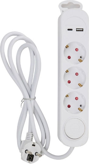 Power Strip 3 Sockets with USB-A USB-C Switch and 1.5m Cable