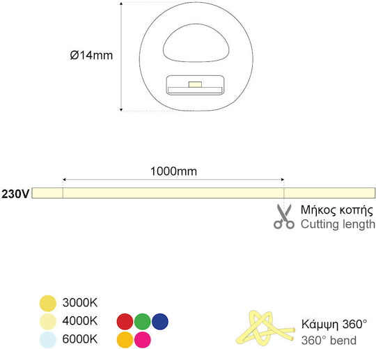 Waterproof LED Strip 220V Yellow Light 1m SMD2835 Type