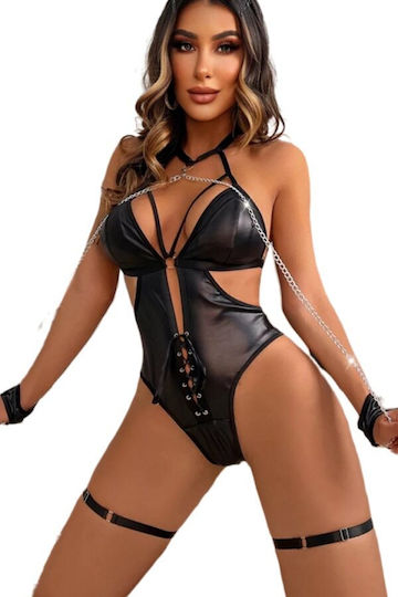 Costum Lenjerie Sexy 2 Bucăți Set Decupaje Efect Piele Lanțuri Colier Cătușe Chiloți Brazilieni Negri