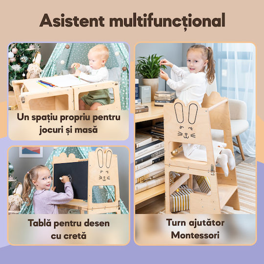 De Invatare Bunny Tip Montessori with Writing Board for Children Over 12 Months Wooden Beige Kids Table Farnora Decor
