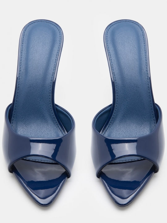 Patent Leather Mules With High Heel In Navy Blue Colour