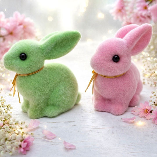 Set 2 Decorative Bunny Rabbits Duo Pink Green 15x13 Cm