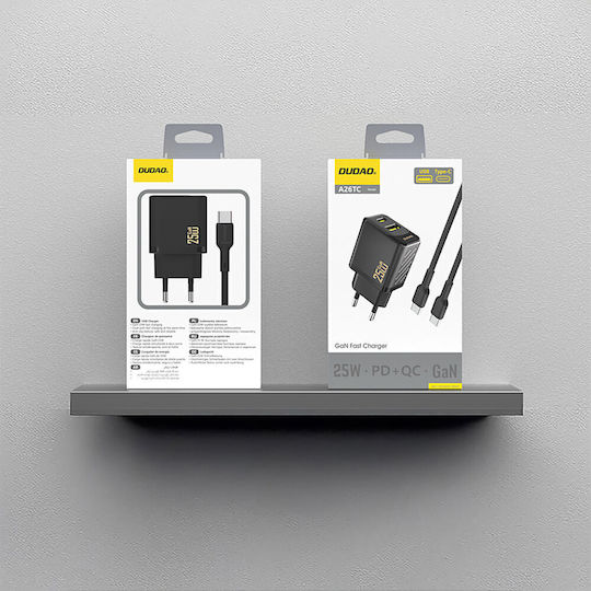 Dudao GaN с USB-A порт и USB-C порт и кабел USB-C - USB-C 25W Power Delivery Черен (A26TCEU)