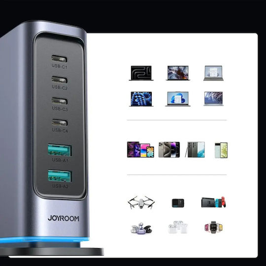 Joyroom Зарядна станция GaN с 2 USB-A и 4 USB-C порта, 65 W Power Delivery, в Сив цвят (JR-TCM02 UK Socket)
