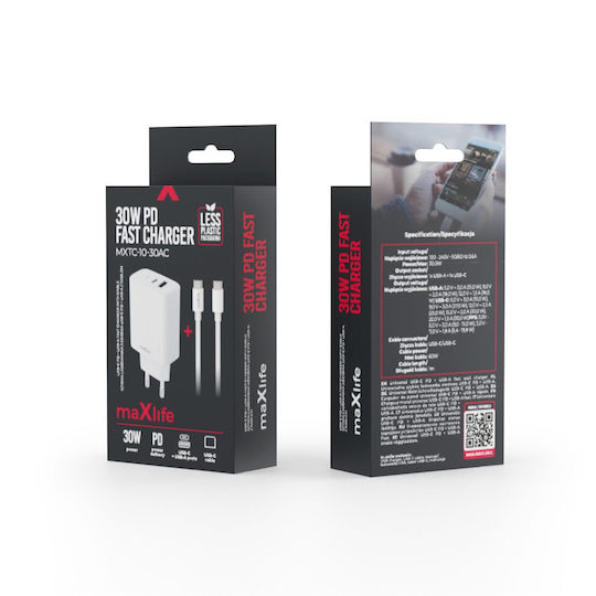 Maxlife Зарядно Устройство с USB-A Порт и USB-C Порт и Кабел USB-C - USB-C 30W Power Delivery / Quick Charge 3.0 Бял (MXTC-10-30AC)