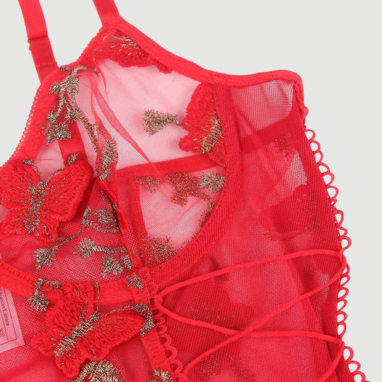 Plus Size Κόκκινο Σετ Εσώρουχα Δαντέλα & Κέντημα Butterfly Pattern Embroidery Mesh Lingerie Set Underwire Κόκκινο