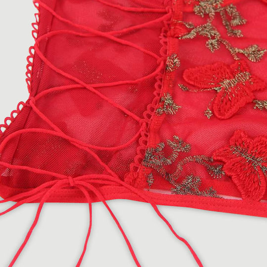 Plus Size Κόκκινο Σετ Εσώρουχα Δαντέλα & Κέντημα Butterfly Pattern Embroidery Mesh Lingerie Set Underwire Κόκκινο