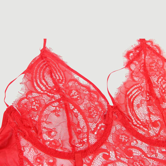 Lace Open Bust Bra And Garters With Steel Ring Red