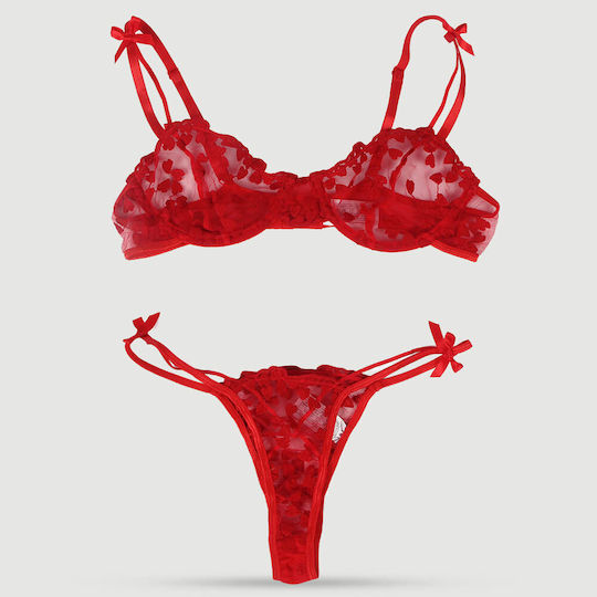 Underwire Bra Set with Transparent Mesh Flower Patterns Red