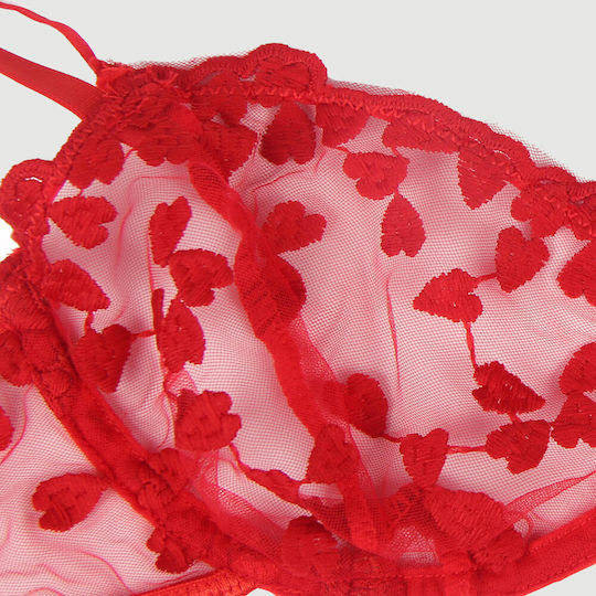 Underwire Bra Set with Transparent Mesh Flower Patterns Red