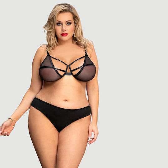 Plus Size Διάφανο Σετ Σουτιέν Χωρίς Μπανέλα Mesh Perspective Fashion Bra Set Without Underwire Μαύρο