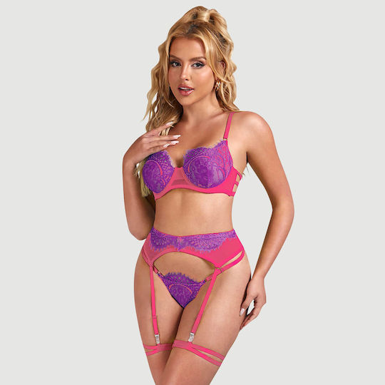 Bra And Panty Set Lace And Rose Details Rose Spliced Eyelash Lace Bra Set Pink