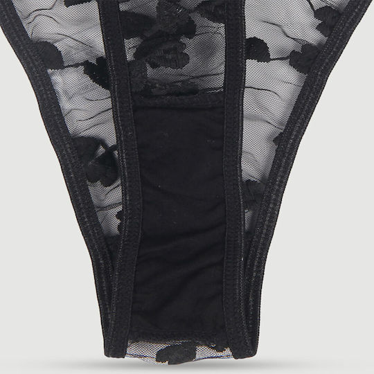 Underwire Bra Set With Transparent Mesh Flower Patterns Black