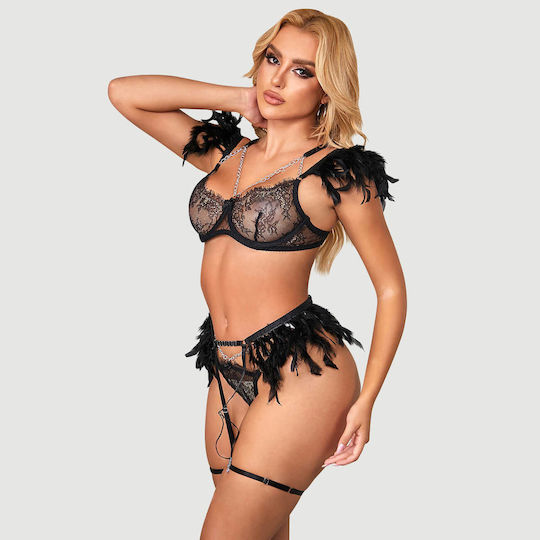 Sexy Σετ Φτερά & Δαντέλα Αλυσίδα Sexy Bra Set Feather Lace Chain Μαύρο