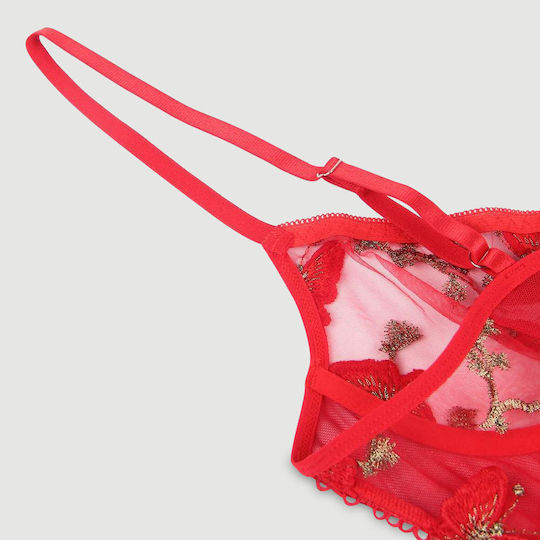 Σετ Εσώρουχα Δαντέλα & Κέντημα Butterfly Pattern Embroidery Mesh Lingerie Set Underwire Κόκκινο