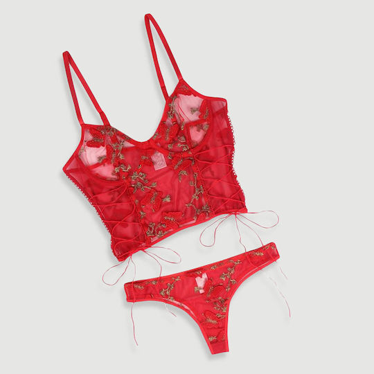 Σετ Εσώρουχα Δαντέλα & Κέντημα Butterfly Pattern Embroidery Mesh Lingerie Set Underwire Κόκκινο
