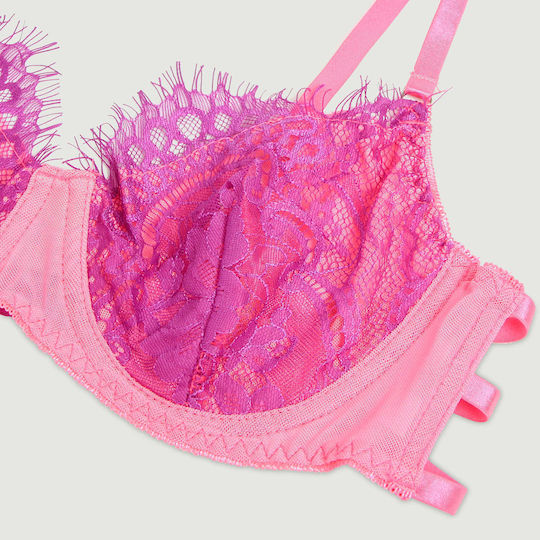 Bra And Panty Set Lace And Rose Details Rose Spliced Eyelash Lace Bra Set Pink