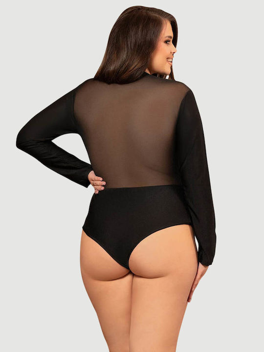 Plus Size Κορμάκι Hook Buckles Long Sleeve Slim Mesh Bodysuit Μαύρο