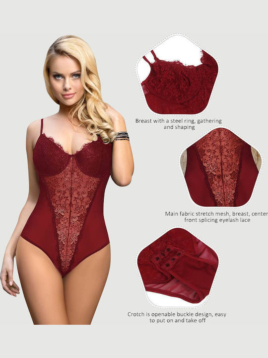 Sexy Bodysuit Open Crotch & Lace Crotchless High Quality Lace Splicing Sexy Teddy Underwire Red