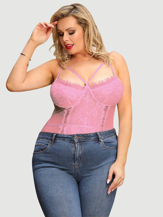 Plus Size Bodysuit Without Underwire Lace & Open Crotch Pink Lace Open Crotch Teddy Pink