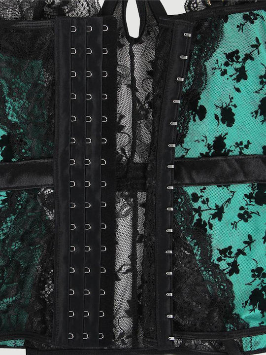 Plus Size Lace Bodysuit Garters & Underwire Flocking Lace Garter Teddy Green