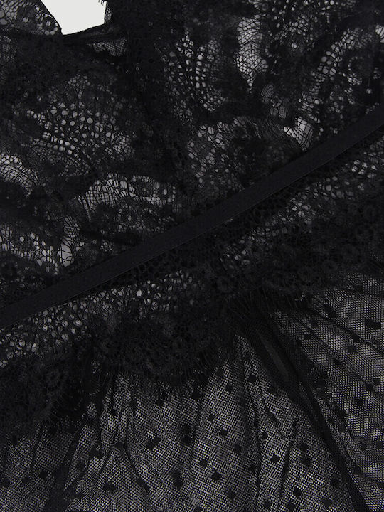 Plus Size Κορμάκι Βαθύ Ντεκολτέ & Δαντέλα Σχέδιο Sheer Teddy Teddy Lace Floral Deep V Neck Μαύρο