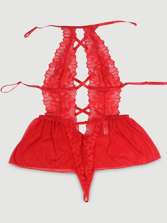 Plus Size Κορμάκι Φόρεμα Sexy Halter Backless Floral Patterns Teddy Lingerie Κόκκινο