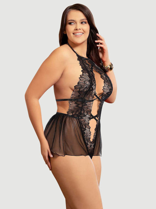 Plus Size Κορμάκι Sexy Halter Backless Floral Patterns Teddy Μαύρο