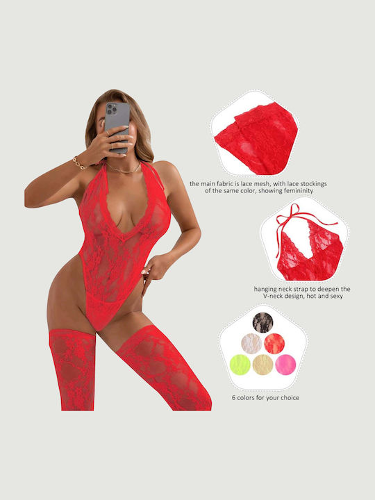 Plus Size Sexy Κορμάκι Κάλτσες Halter V Neckline Lace Teddy Stockings Κόκκινο