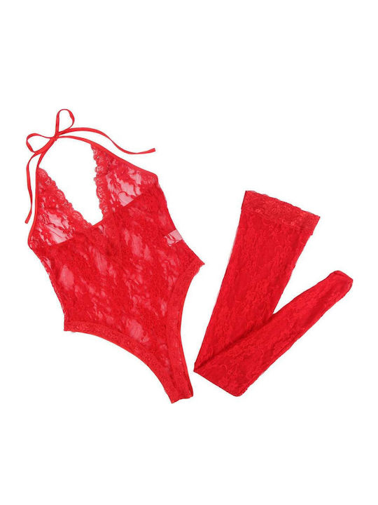 Plus Size Sexy Κορμάκι Κάλτσες Halter V Neckline Lace Teddy Stockings Κόκκινο