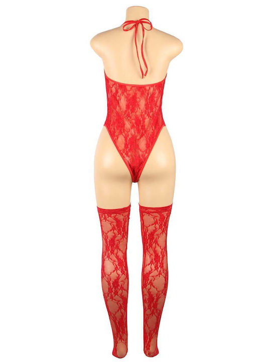 Plus Size Sexy Κορμάκι Κάλτσες Halter V Neckline Lace Teddy Stockings Κόκκινο