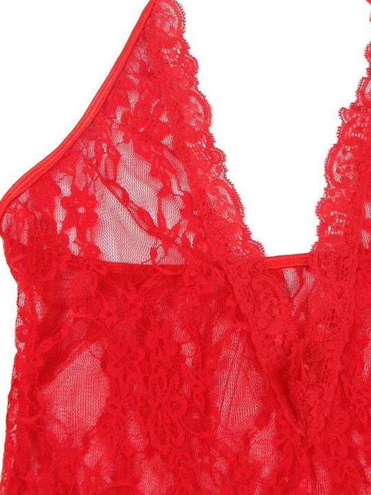 Plus Size Sexy Κορμάκι Κάλτσες Halter V Neckline Lace Teddy Stockings Κόκκινο