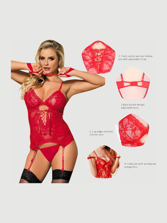 Секси Боди С Дантела И Белезници Teddy Lace Handcuff Червено