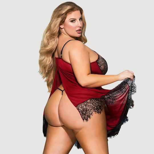 Plus Size Σέξι Διαφανές Σετ Babydoll Δαντέλα & Άνοιγμα Πλάτης Sexy Splicing Sheer Eyelash Trim Lace Back Split Babydoll Set Underwire – Κόκκινο