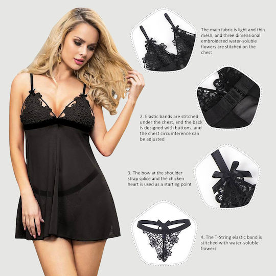 Babydoll Lace & Thin Embroidered Design High End Delicate Embroidery Lace Babydoll & Lingerie Set Black