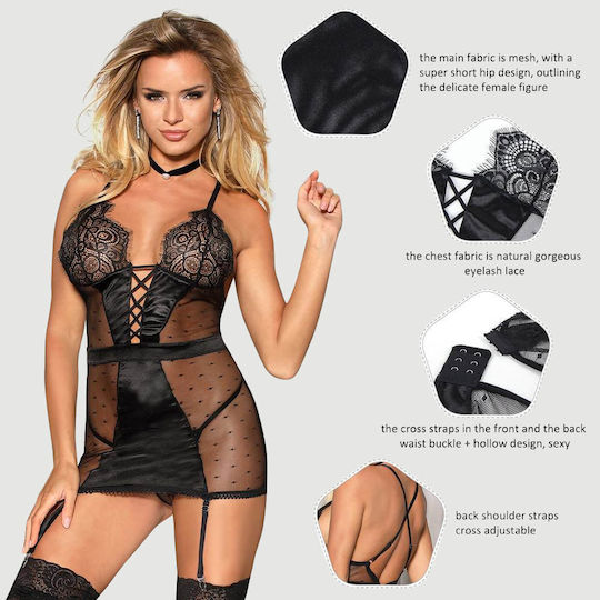 Plus Size Babydoll Garter Belt & G-string Transparent Mesh Garter G-string Red Sexy Slim See Through Mesh Babydoll Black