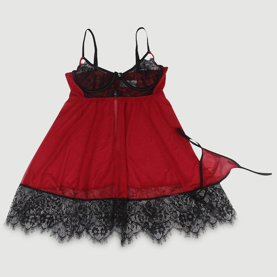 Plus Size Σέξι Διαφανές Σετ Babydoll Δαντέλα & Άνοιγμα Πλάτης Sexy Splicing Sheer Eyelash Trim Lace Back Split Babydoll Set Underwire – Κόκκινο